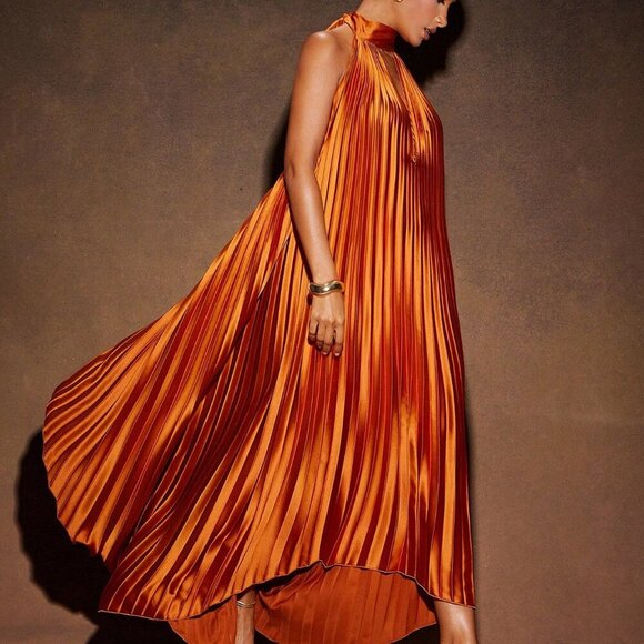 orange elegant Womens Pleated High Low Backless Halter Maxi Dress - Picture 3 of 5